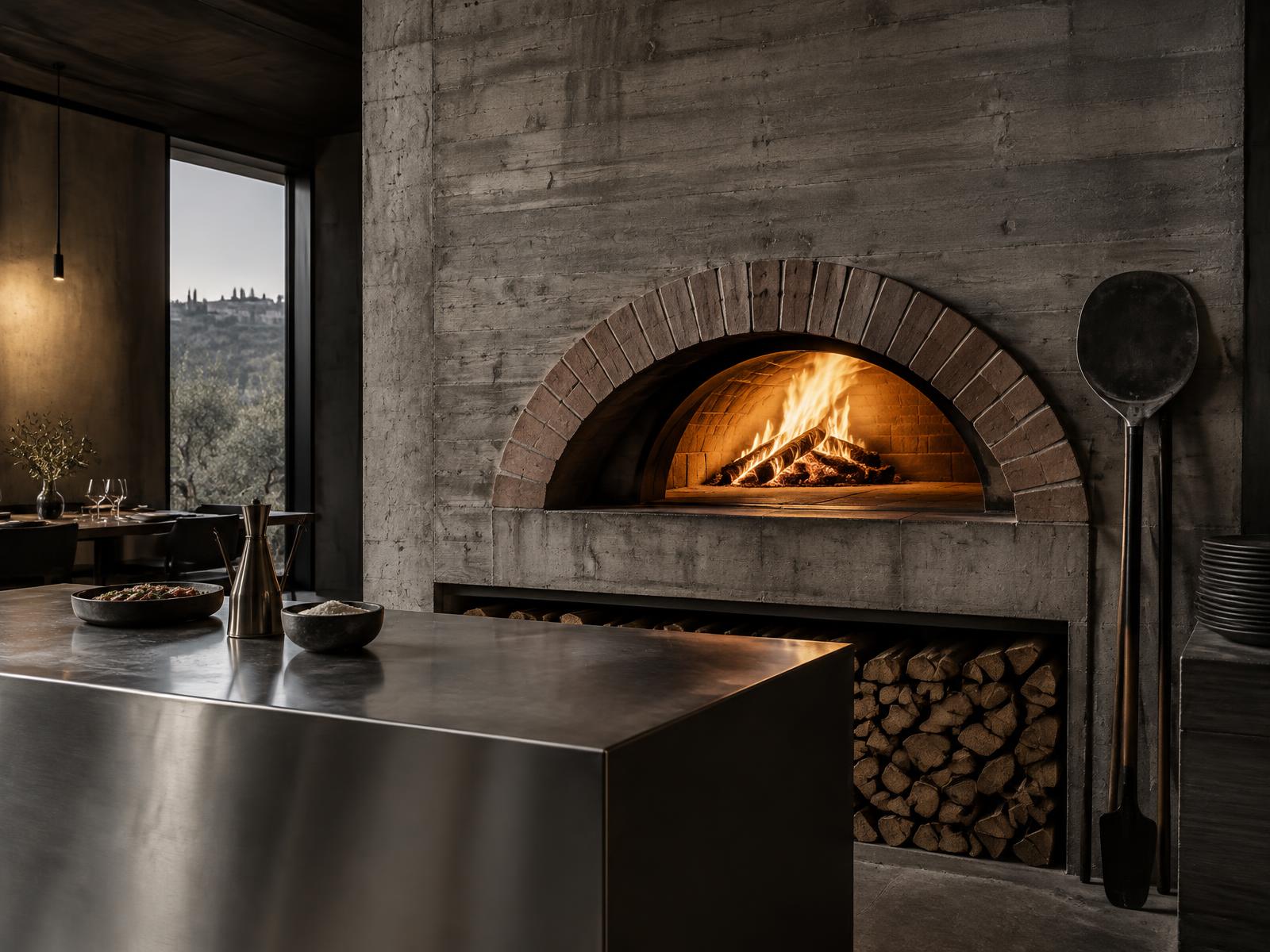 The brick oven set into raw concrete