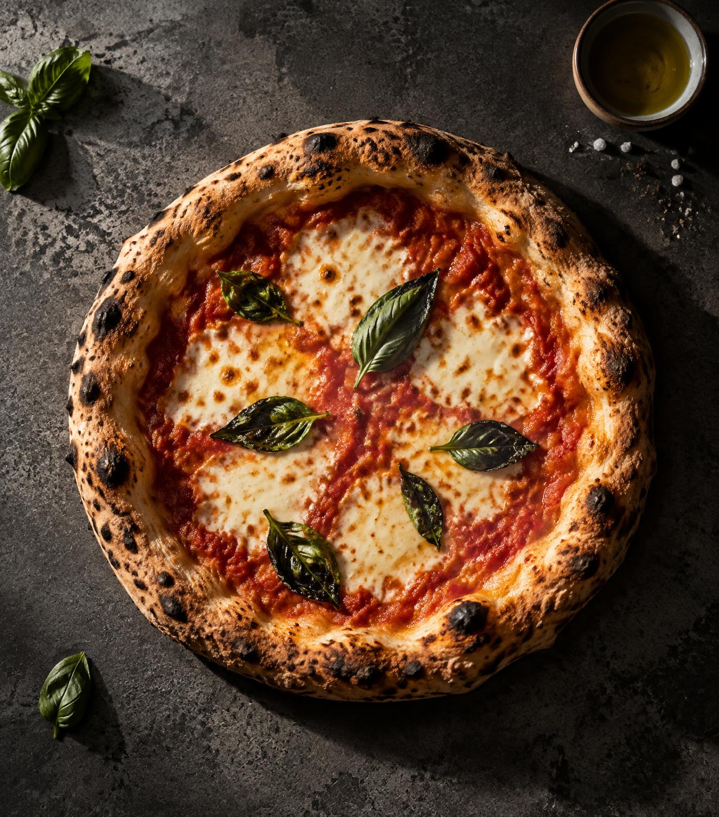Wood-fired Margherita pizza